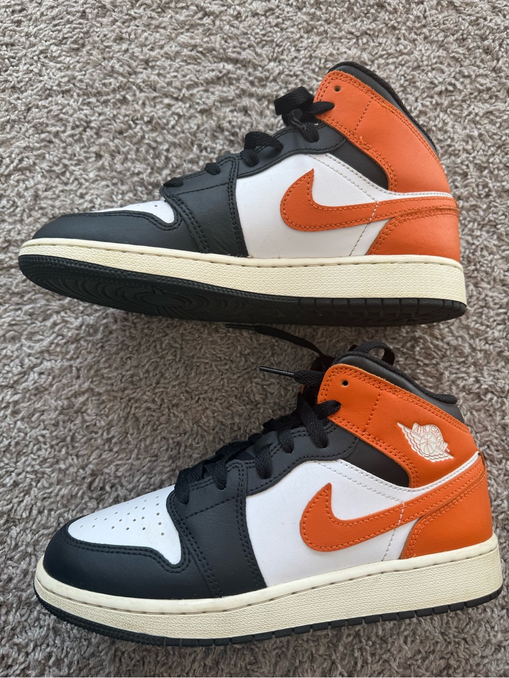 Boys Nike Air Jordan 1 Mid Top Sneakers, Orange/White/Black, Sz 5.5Y